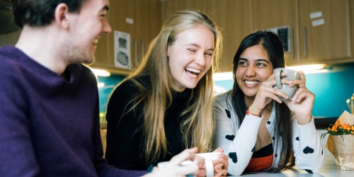 A diverse group of undergraduate students laughing together as they sit drinking coffee in the kitchen of their halls of residence.